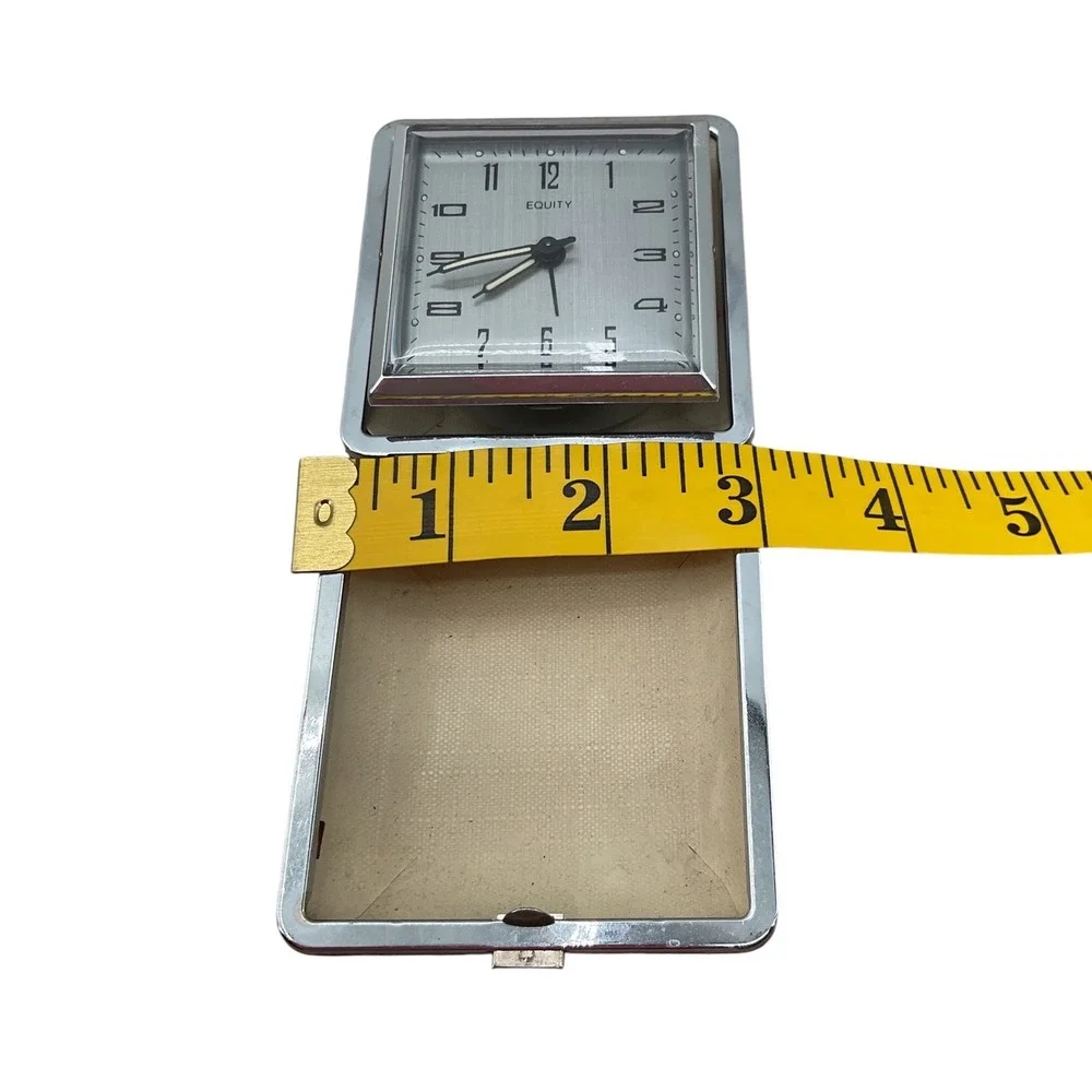 Vintage Equity Travel Alarm Clock Brown Folding Clamshell Case Mid Century Retro